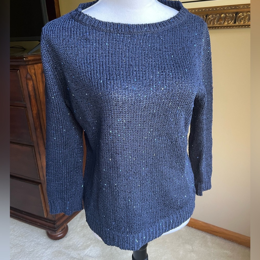 Chaps Navy Blue Crew Neck Sweater with Blue Sequins
